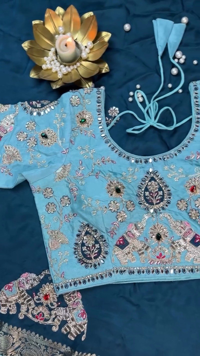 Royal Elephant Motif Embroidered Teal Blue Saree with Sky Blue Blouse – Single Colour Variant - Image 5