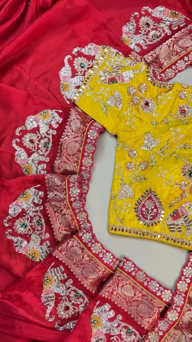 Regal Elephant Motif Handcrafted Saree with Contrast Blouse – Available in Crimson Red & Sun-Kissed Yellow