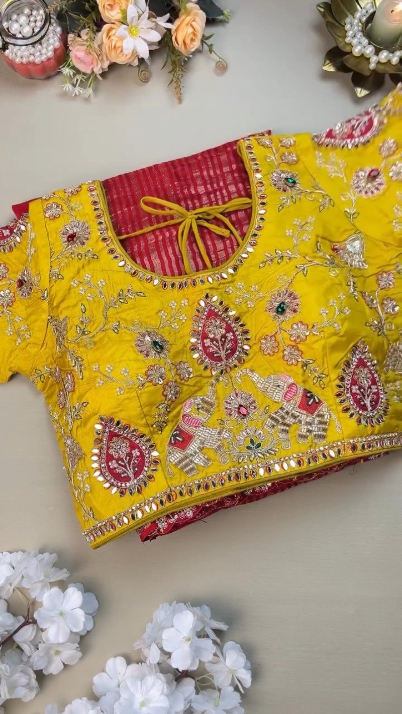 Regal Elephant Motif Handcrafted Saree with Contrast Blouse – Available in Crimson Red & Sun-Kissed Yellow - Image 2