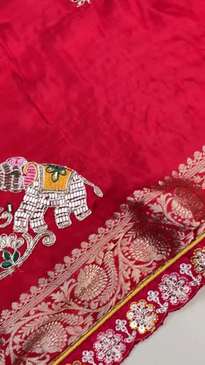 Regal Elephant Motif Handcrafted Saree with Contrast Blouse – Available in Crimson Red & Sun-Kissed Yellow - Image 5
