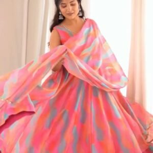 Vibrant Abstract Watercolor Tie-Dye Anarkali Set with Mirrorwork – Pink & Multi-Colour
