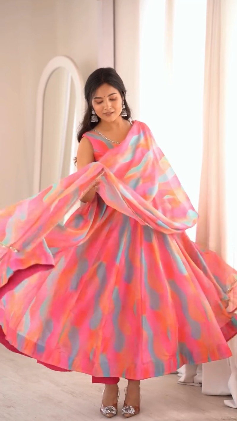 Vibrant Abstract Watercolor Tie-Dye Anarkali Set with Mirrorwork – Pink & Multi-Colour