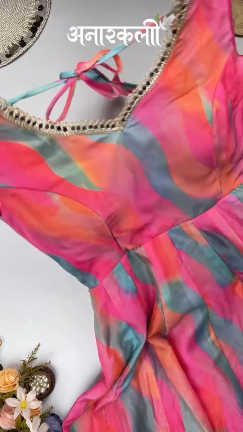 Vibrant Abstract Watercolor Tie-Dye Anarkali Set with Mirrorwork – Pink & Multi-Colour - Image 2