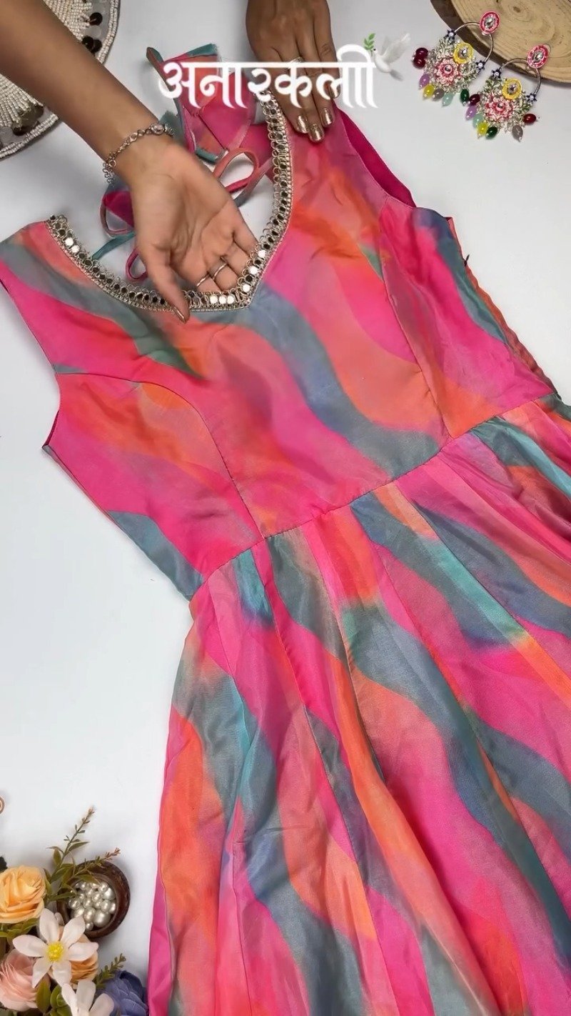 Vibrant Abstract Watercolor Tie-Dye Anarkali Set with Mirrorwork – Pink & Multi-Colour - Image 3