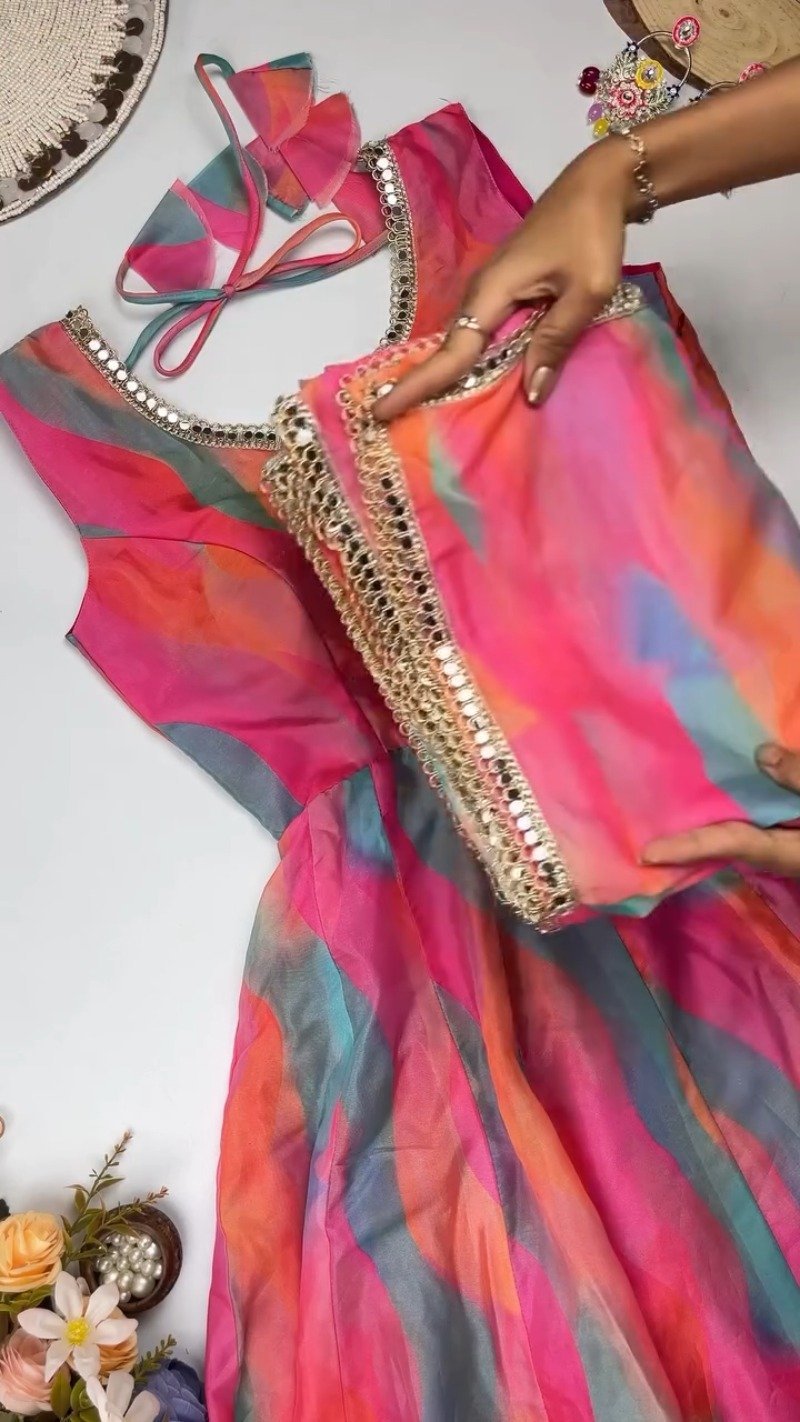 Vibrant Abstract Watercolor Tie-Dye Anarkali Set with Mirrorwork – Pink & Multi-Colour - Image 4