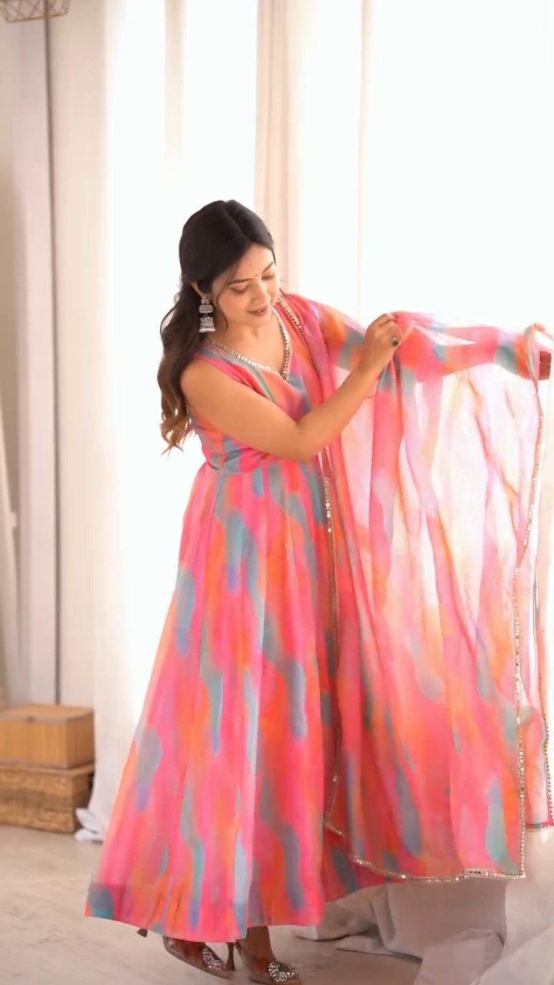 Vibrant Abstract Watercolor Tie-Dye Anarkali Set with Mirrorwork – Pink & Multi-Colour - Image 6