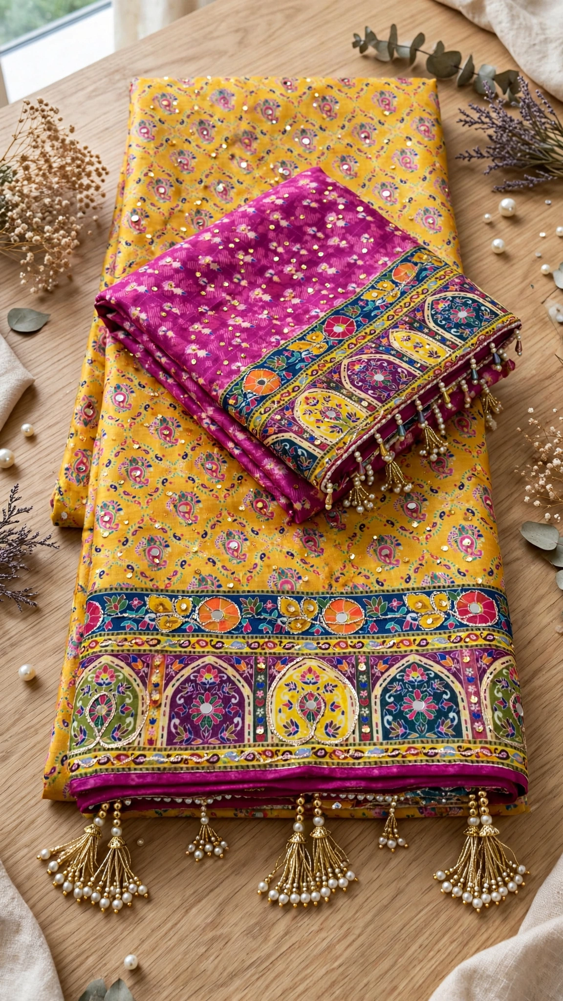 Aurelia Floral Heritage Saree Set with Embellished Border – Available in Vibrant Yellow & Fuchsia - Image 3