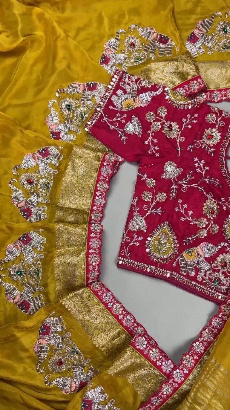 Royal Mustard Silk Saree with Hand-Embroidered Pink Elephant Motif Blouse – Available in Mustard & Pink