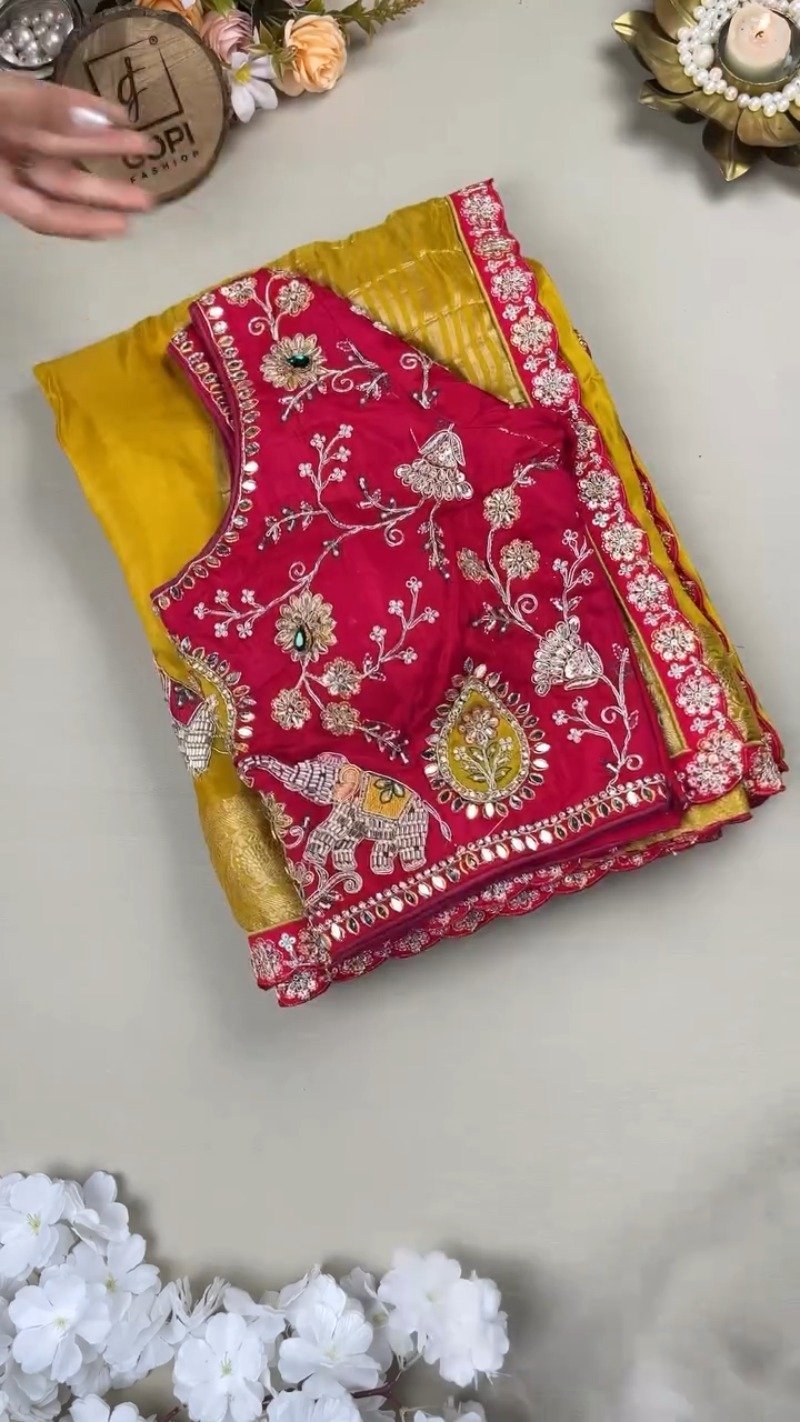Royal Mustard Silk Saree with Hand-Embroidered Pink Elephant Motif Blouse – Available in Mustard & Pink - Image 2