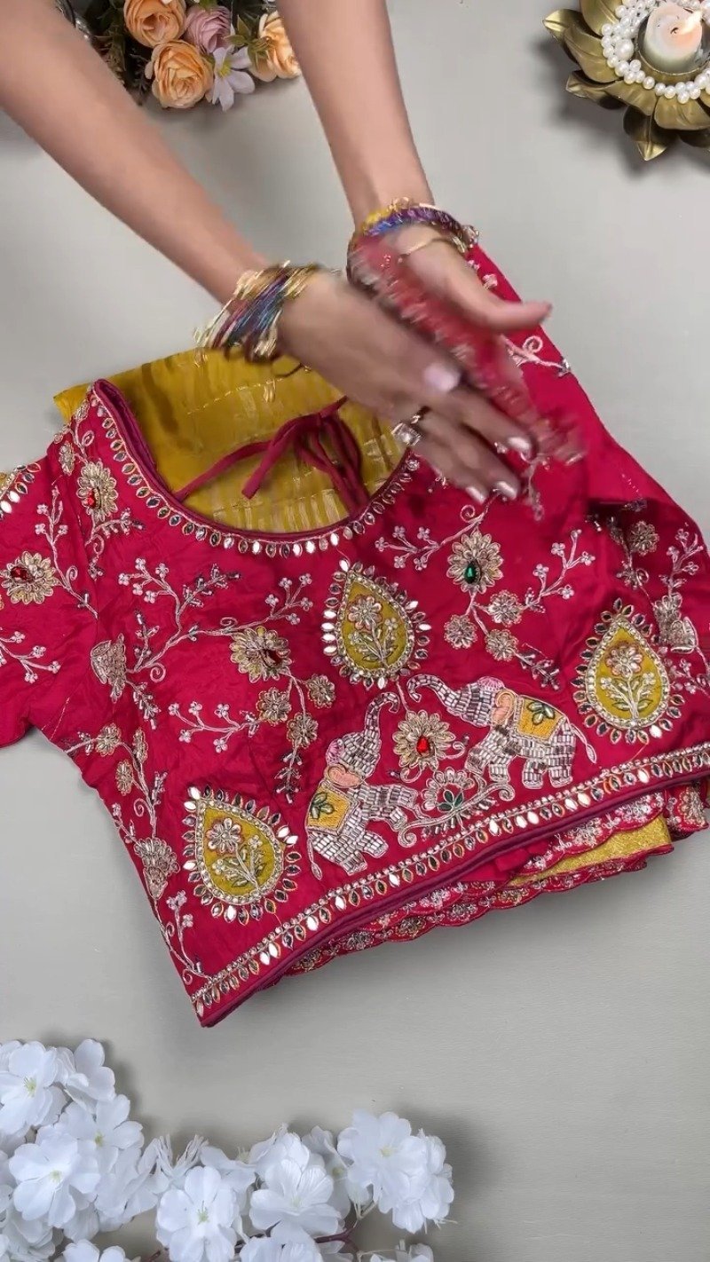 Royal Mustard Silk Saree with Hand-Embroidered Pink Elephant Motif Blouse – Available in Mustard & Pink - Image 3