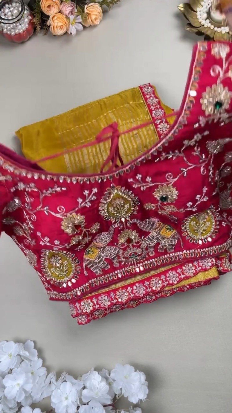 Royal Mustard Silk Saree with Hand-Embroidered Pink Elephant Motif Blouse – Available in Mustard & Pink - Image 4