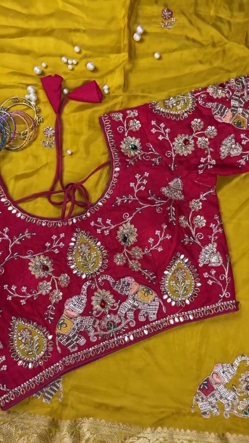 Royal Mustard Silk Saree with Hand-Embroidered Pink Elephant Motif Blouse – Available in Mustard & Pink - Image 5
