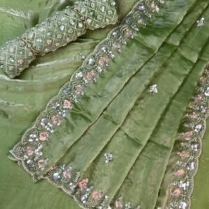 Olive Green Hand-Embellished Organza Saree Set