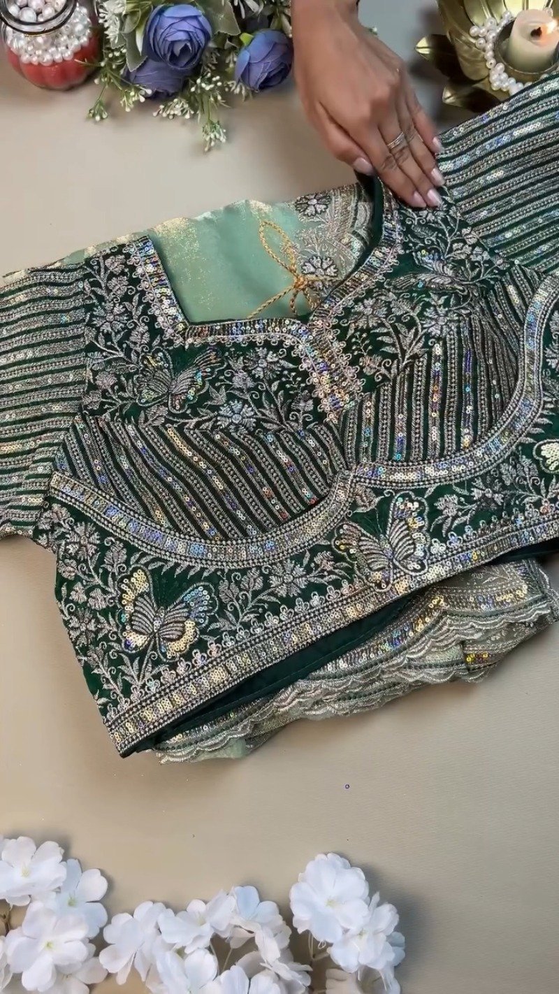 Enchanting Butterfly Motif Embroidered Saree Set – Available in Mint Green & Deep Emerald - Image 2