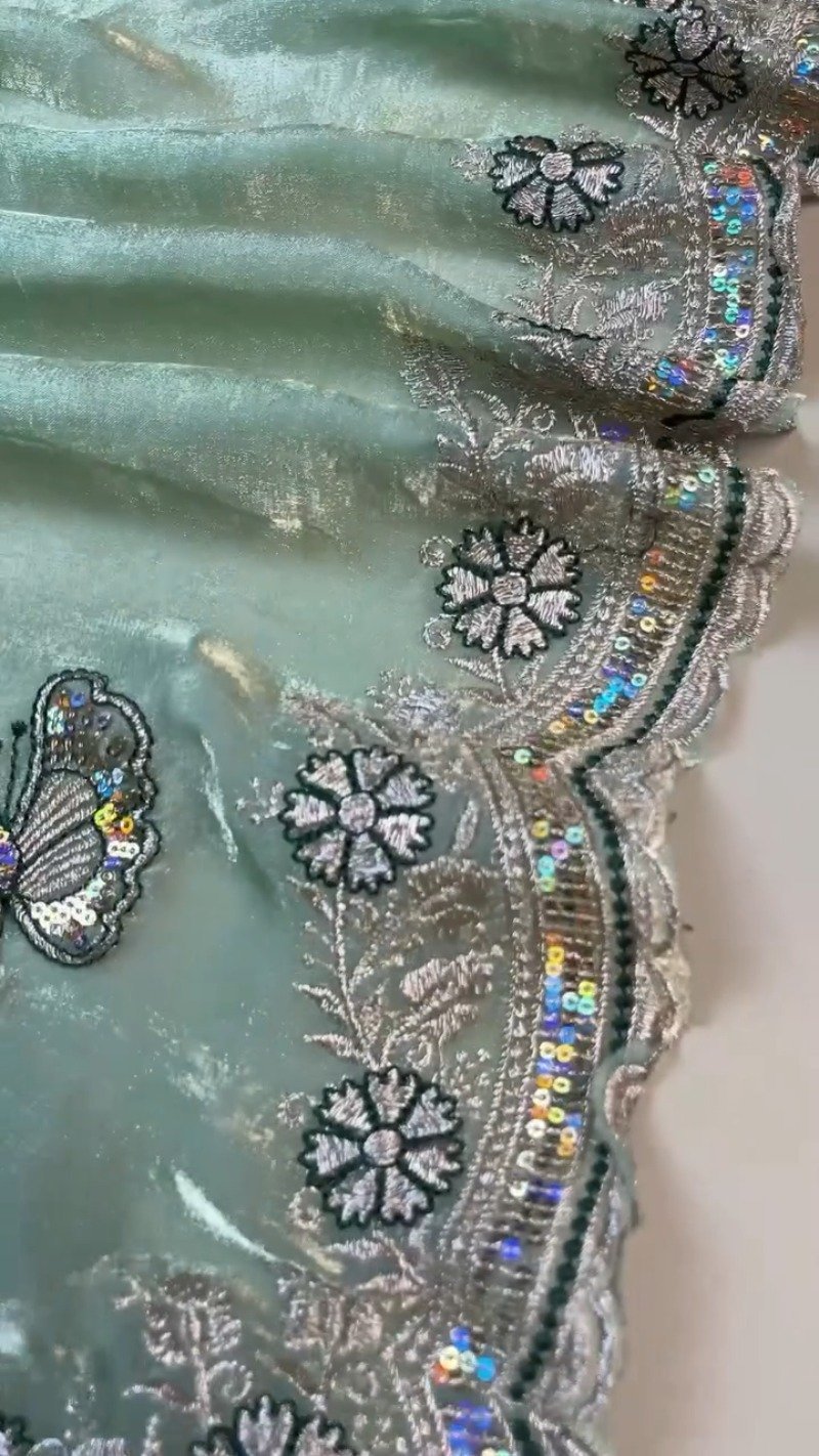 Enchanting Butterfly Motif Embroidered Saree Set – Available in Mint Green & Deep Emerald - Image 3