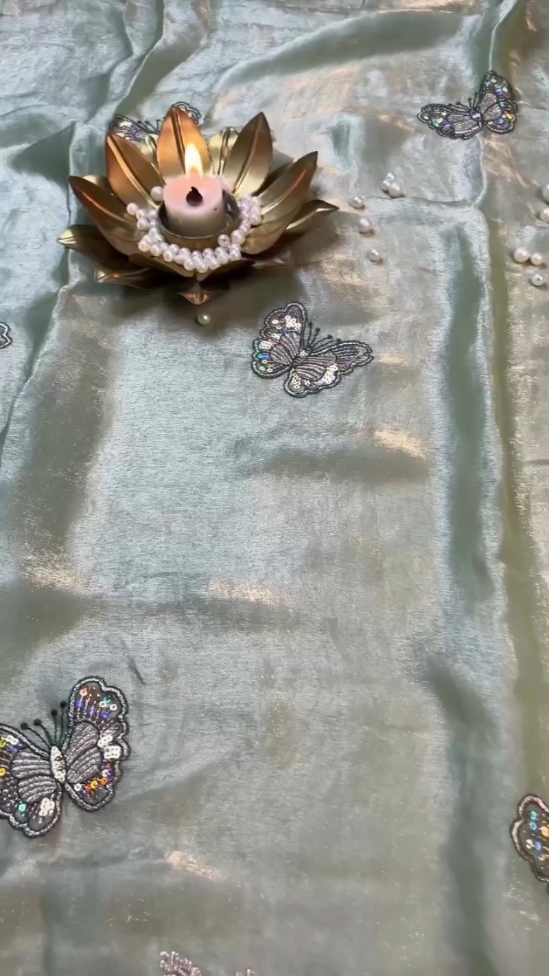 Enchanting Butterfly Motif Embroidered Saree Set – Available in Mint Green & Deep Emerald - Image 4
