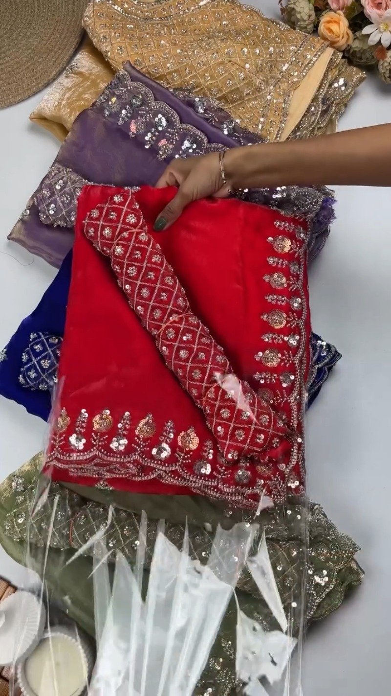 Opulent Velvet Sequined Festive Saree Set – Available in Mustard Gold, Royal Blue, Olive Green & Regal Red - Image 2