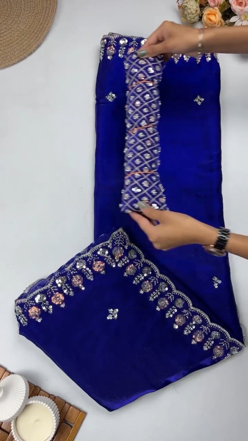 Opulent Velvet Sequined Festive Saree Set – Available in Mustard Gold, Royal Blue, Olive Green & Regal Red - Image 3