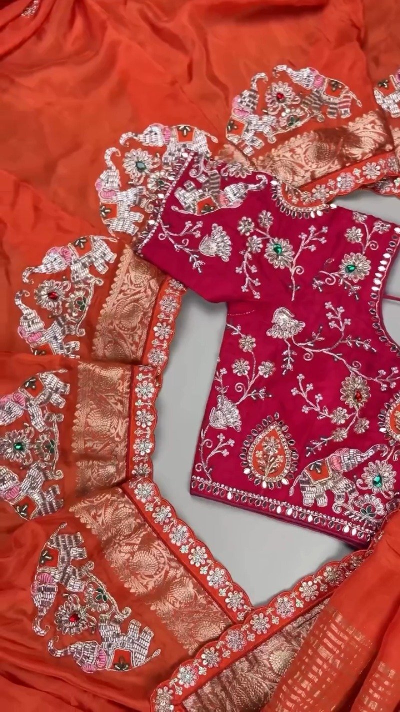 Royal Elephant Motif Hand-Embroidered Saree Set – Available in Orange & Fuchsia Pink