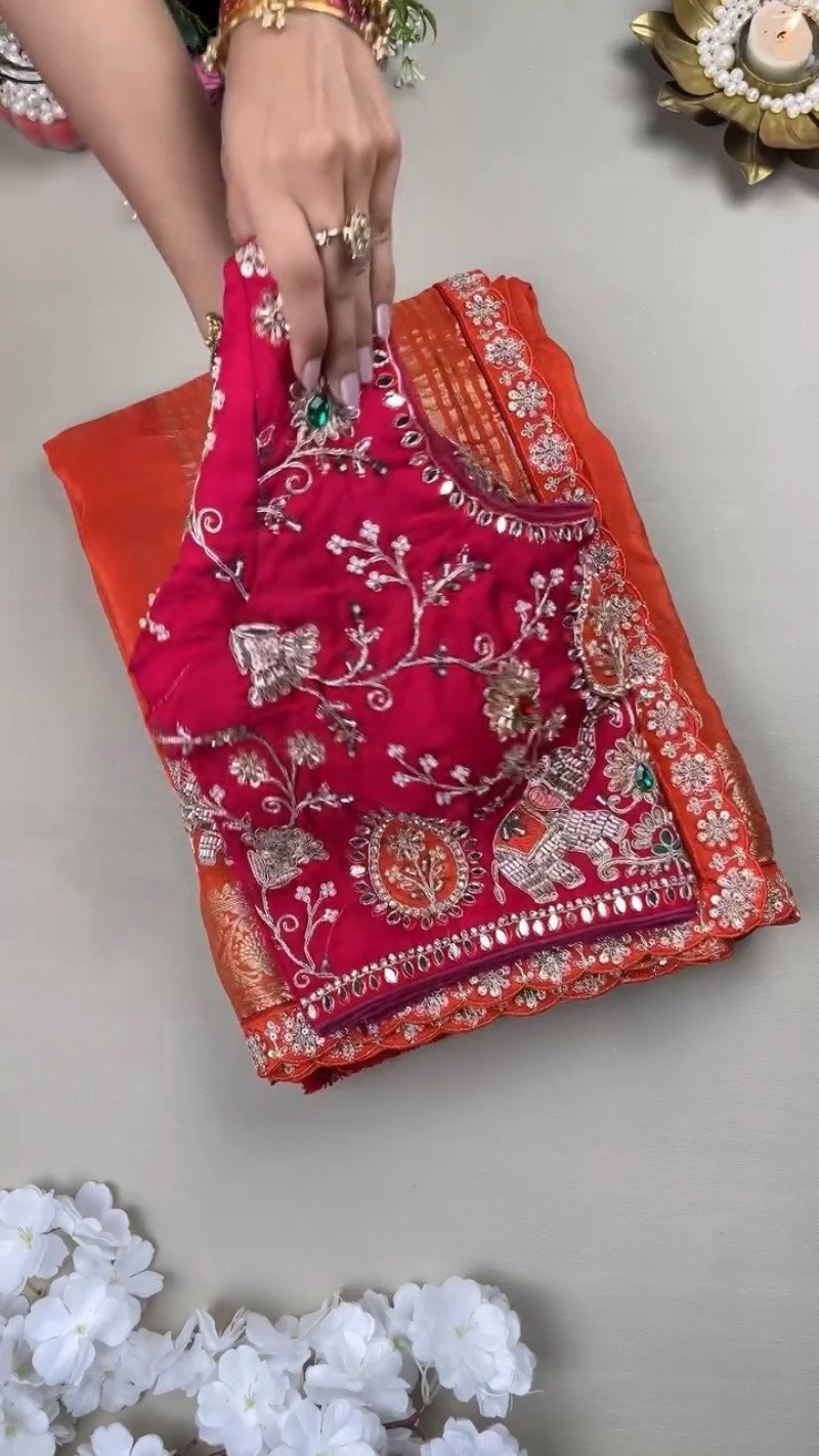 Royal Elephant Motif Hand-Embroidered Saree Set – Available in Orange & Fuchsia Pink - Image 2