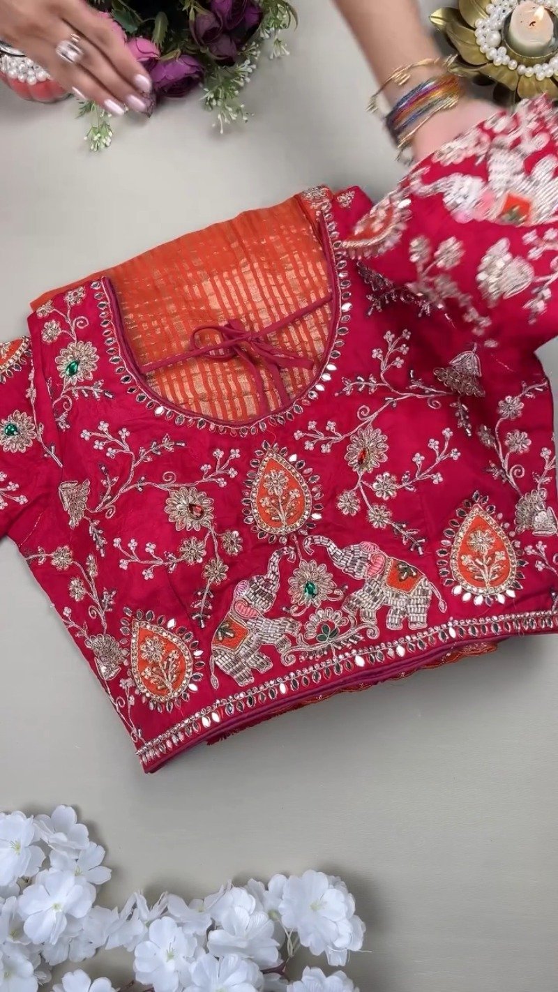 Royal Elephant Motif Hand-Embroidered Saree Set – Available in Orange & Fuchsia Pink - Image 3