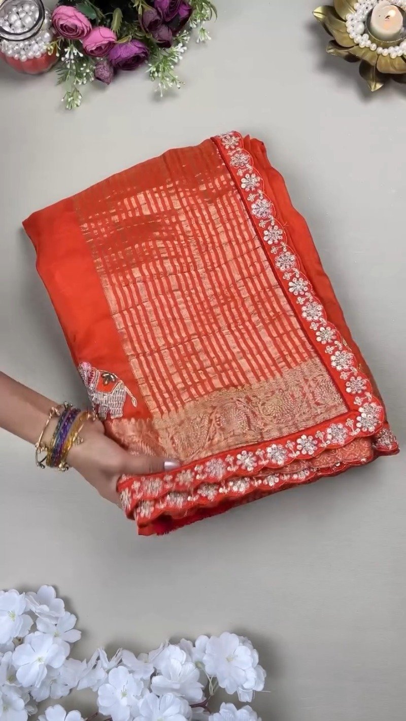 Royal Elephant Motif Hand-Embroidered Saree Set – Available in Orange & Fuchsia Pink - Image 4
