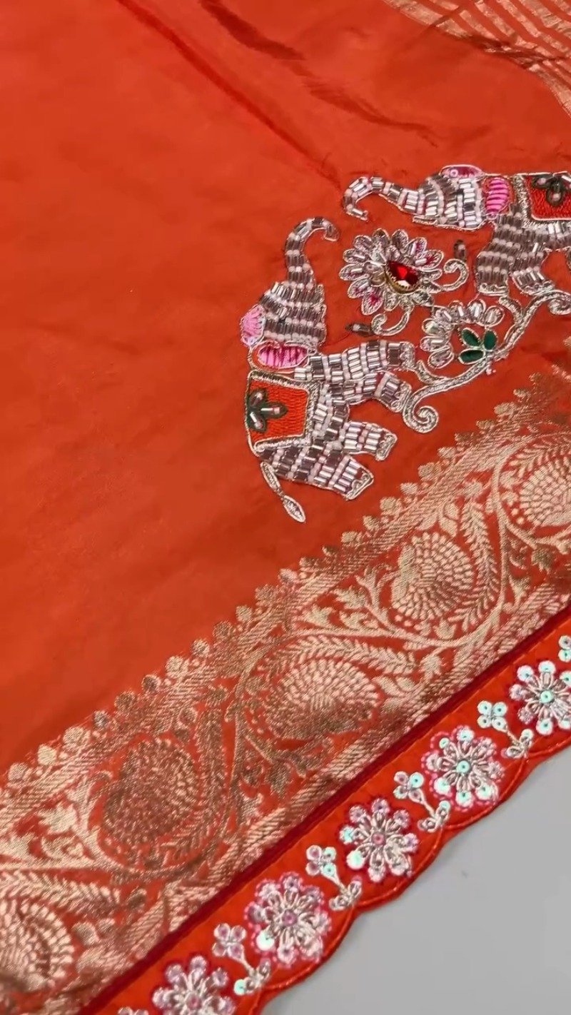Royal Elephant Motif Hand-Embroidered Saree Set – Available in Orange & Fuchsia Pink - Image 5