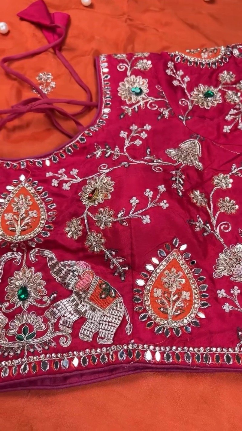 Royal Elephant Motif Hand-Embroidered Saree Set – Available in Orange & Fuchsia Pink - Image 6