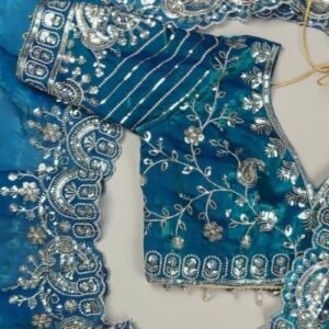 Midnight Teal Shimmer Silk Saree with Intricate Sequin & Zari Embroidery
