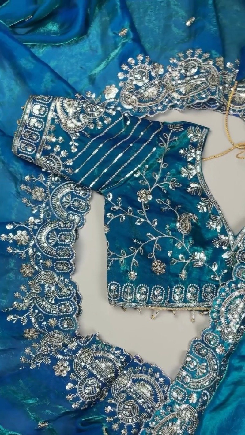 Midnight Teal Shimmer Silk Saree with Intricate Sequin & Zari Embroidery