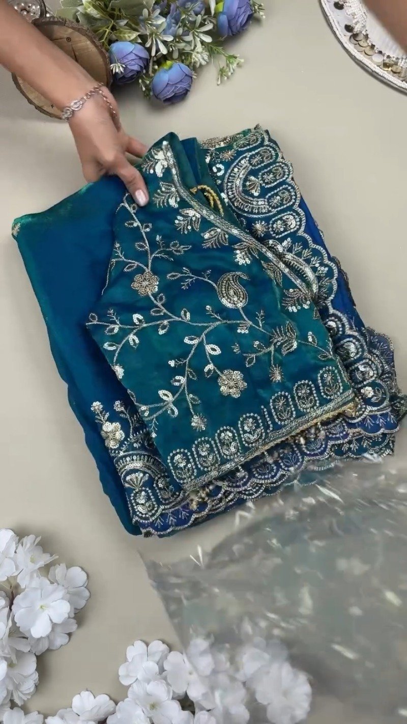 Midnight Teal Shimmer Silk Saree with Intricate Sequin & Zari Embroidery - Image 2