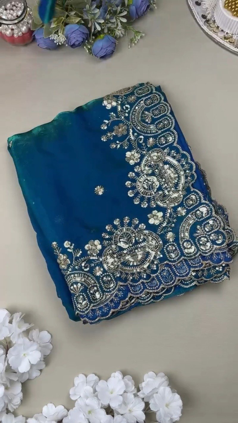 Midnight Teal Shimmer Silk Saree with Intricate Sequin & Zari Embroidery - Image 3