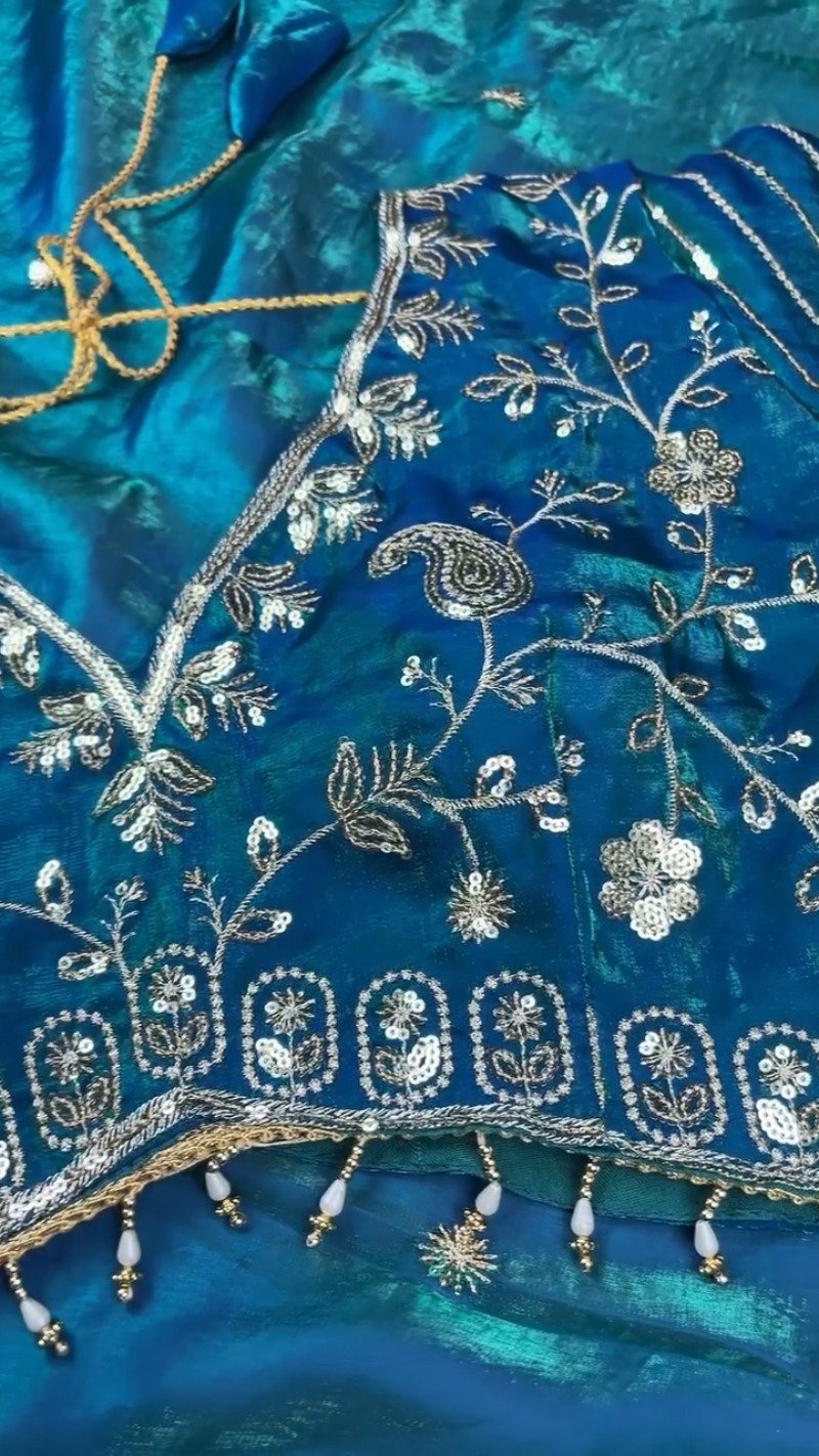 Midnight Teal Shimmer Silk Saree with Intricate Sequin & Zari Embroidery - Image 5