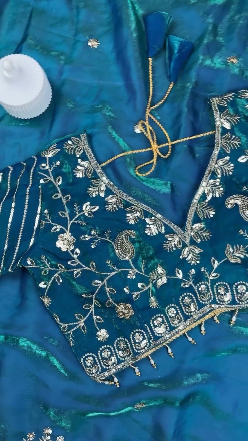 Midnight Teal Shimmer Silk Saree with Intricate Sequin & Zari Embroidery - Image 6