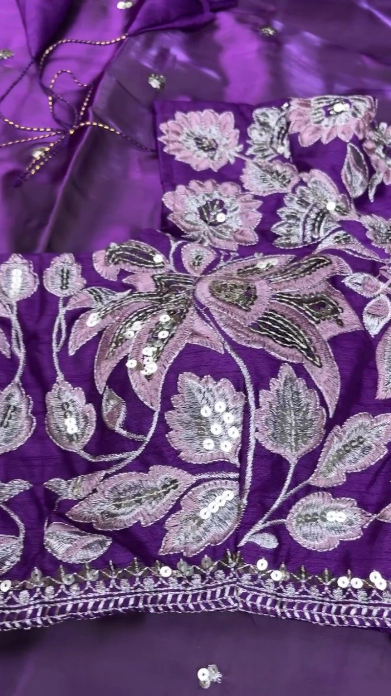 Royal Purple Resham & Sequin Embroidered Saree Set - Image 2