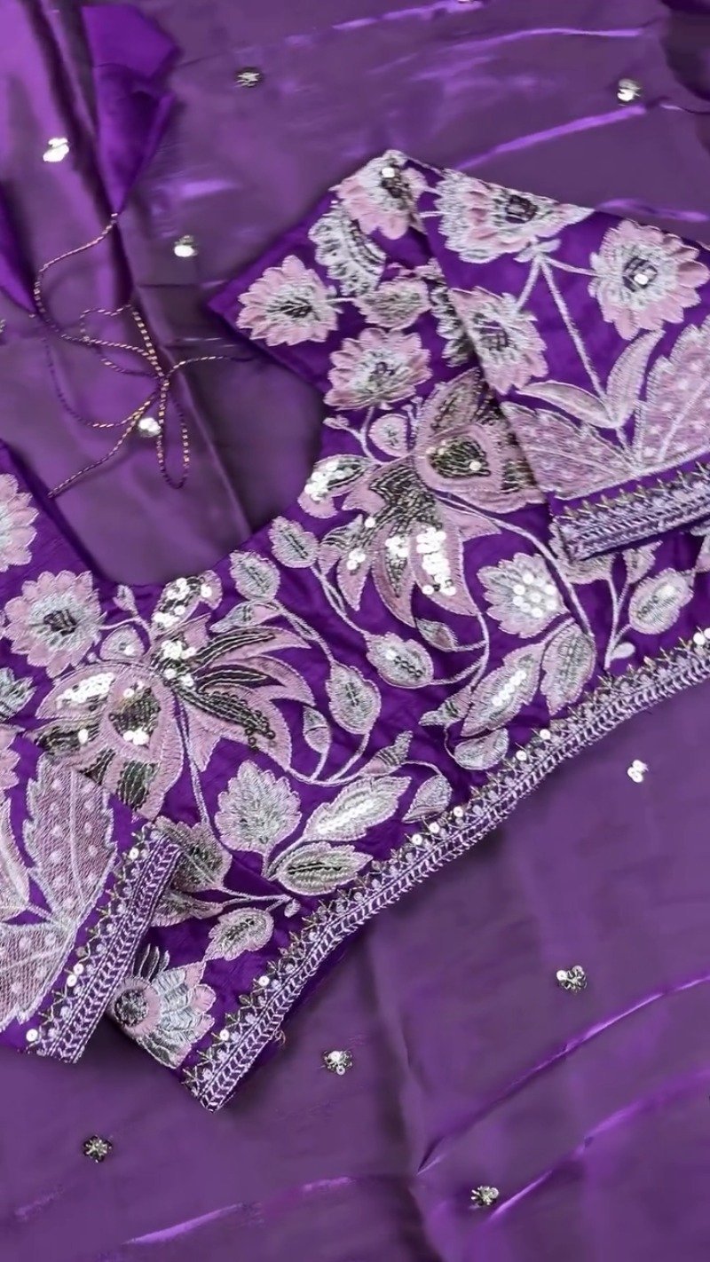 Royal Purple Resham & Sequin Embroidered Saree Set - Image 3