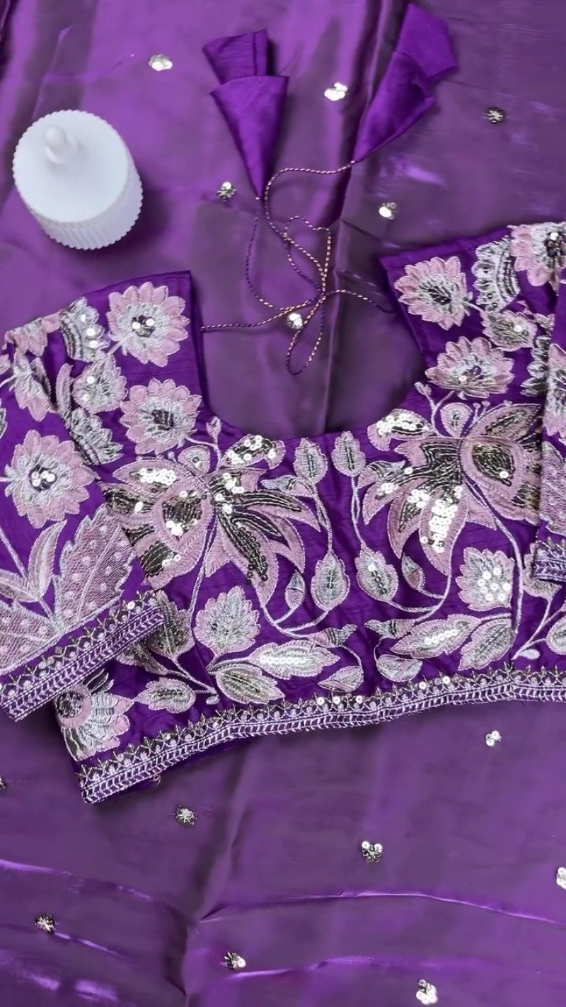 Royal Purple Resham & Sequin Embroidered Saree Set - Image 4