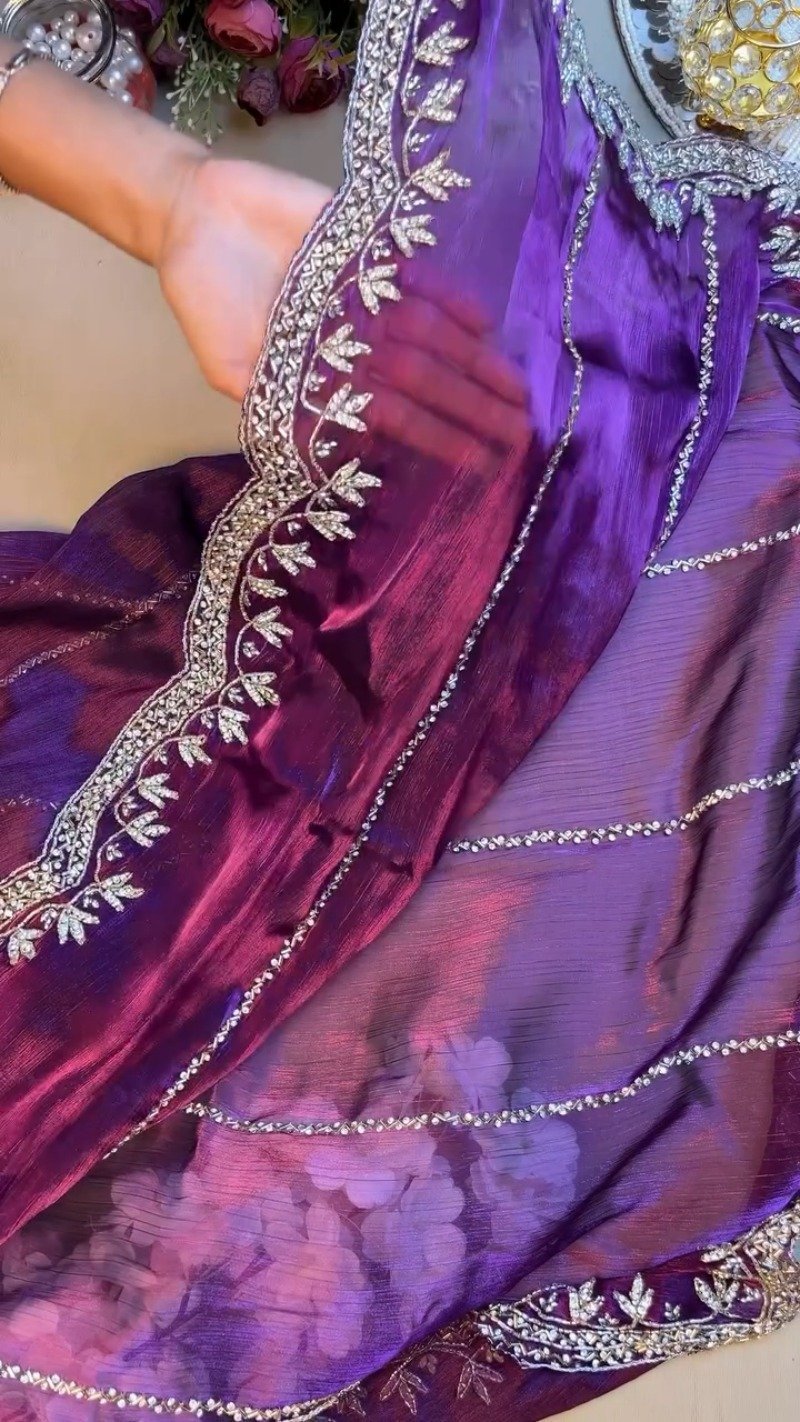 Regal Royal Purple Embroidered Saree with Embellished Blouse Set - Image 4