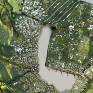 Olive Green Hand-Embroidered Organza Saree Set with Embellished Blouse