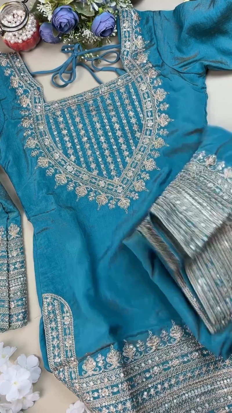 Enchanting Teal Silk Kurta Set with Intricate Silver Threadwork – Available in Classic Teal
