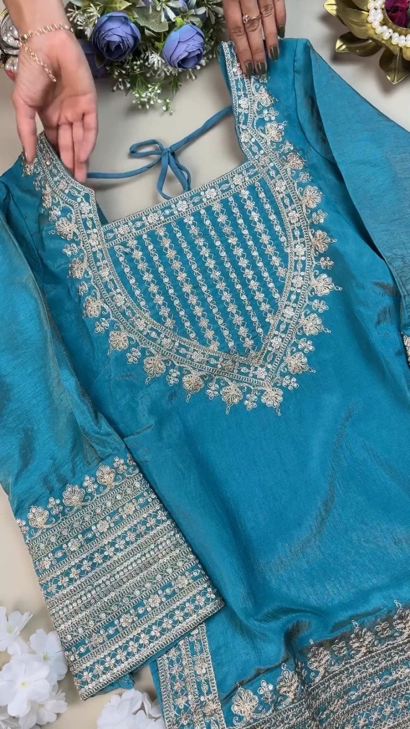 Enchanting Teal Silk Kurta Set with Intricate Silver Threadwork – Available in Classic Teal - Image 2