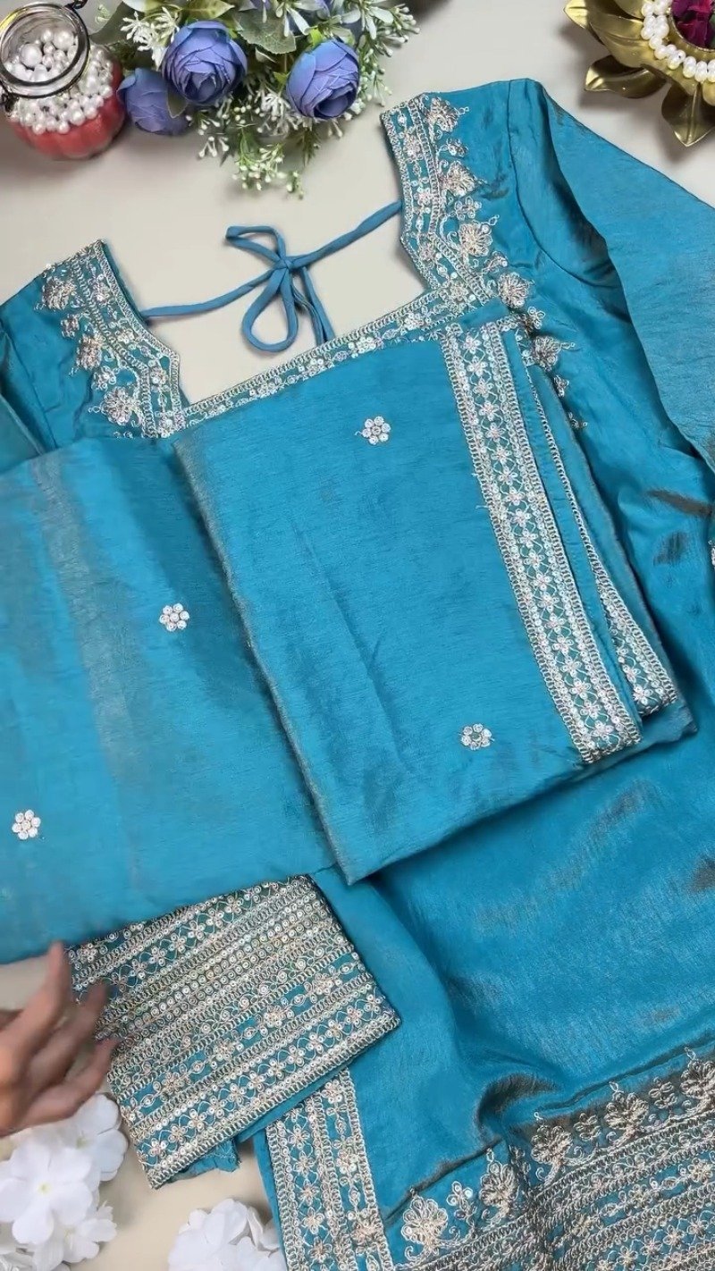 Enchanting Teal Silk Kurta Set with Intricate Silver Threadwork – Available in Classic Teal - Image 3