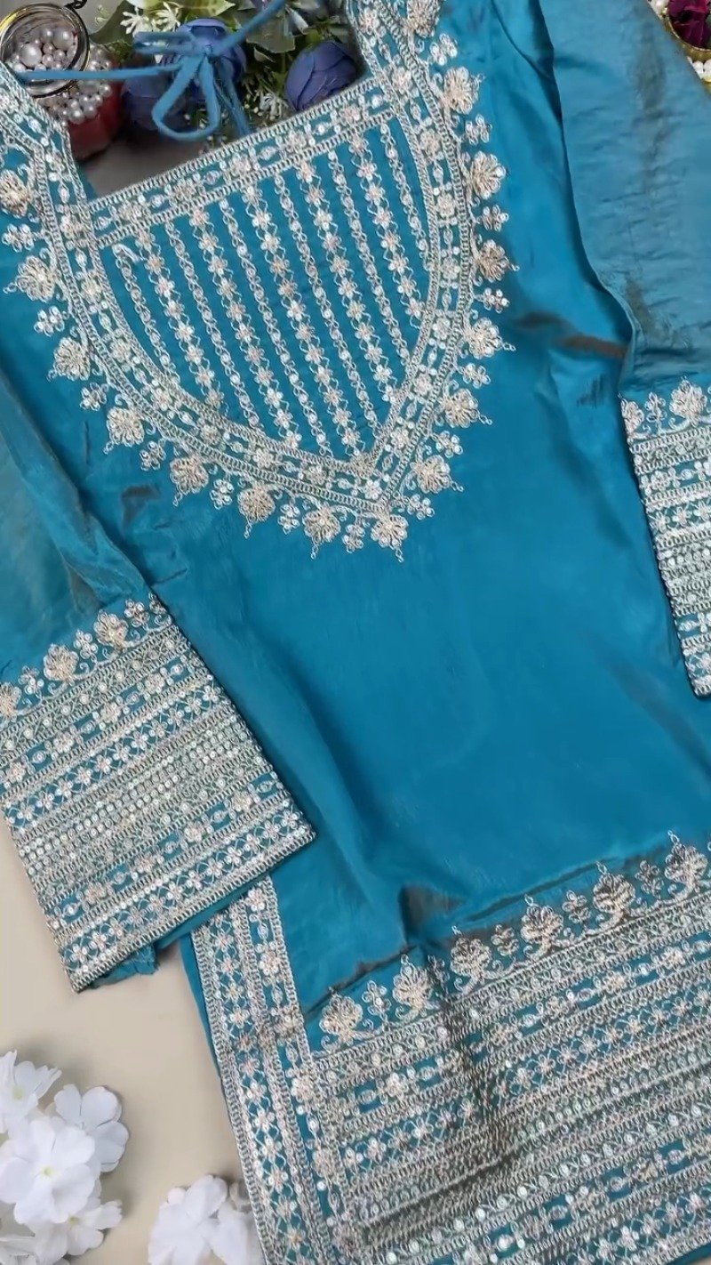 Enchanting Teal Silk Kurta Set with Intricate Silver Threadwork – Available in Classic Teal - Image 4