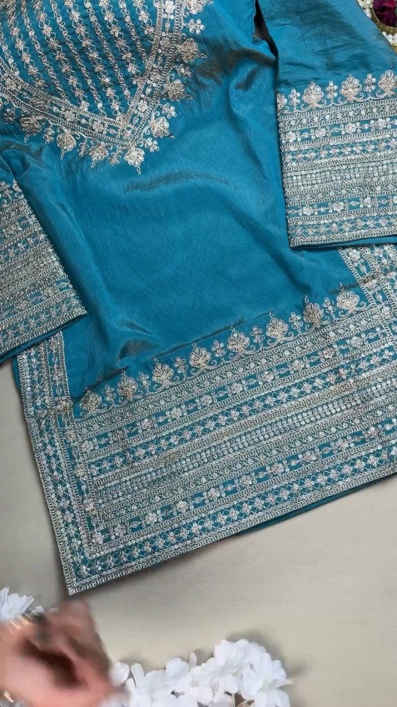 Enchanting Teal Silk Kurta Set with Intricate Silver Threadwork – Available in Classic Teal - Image 5