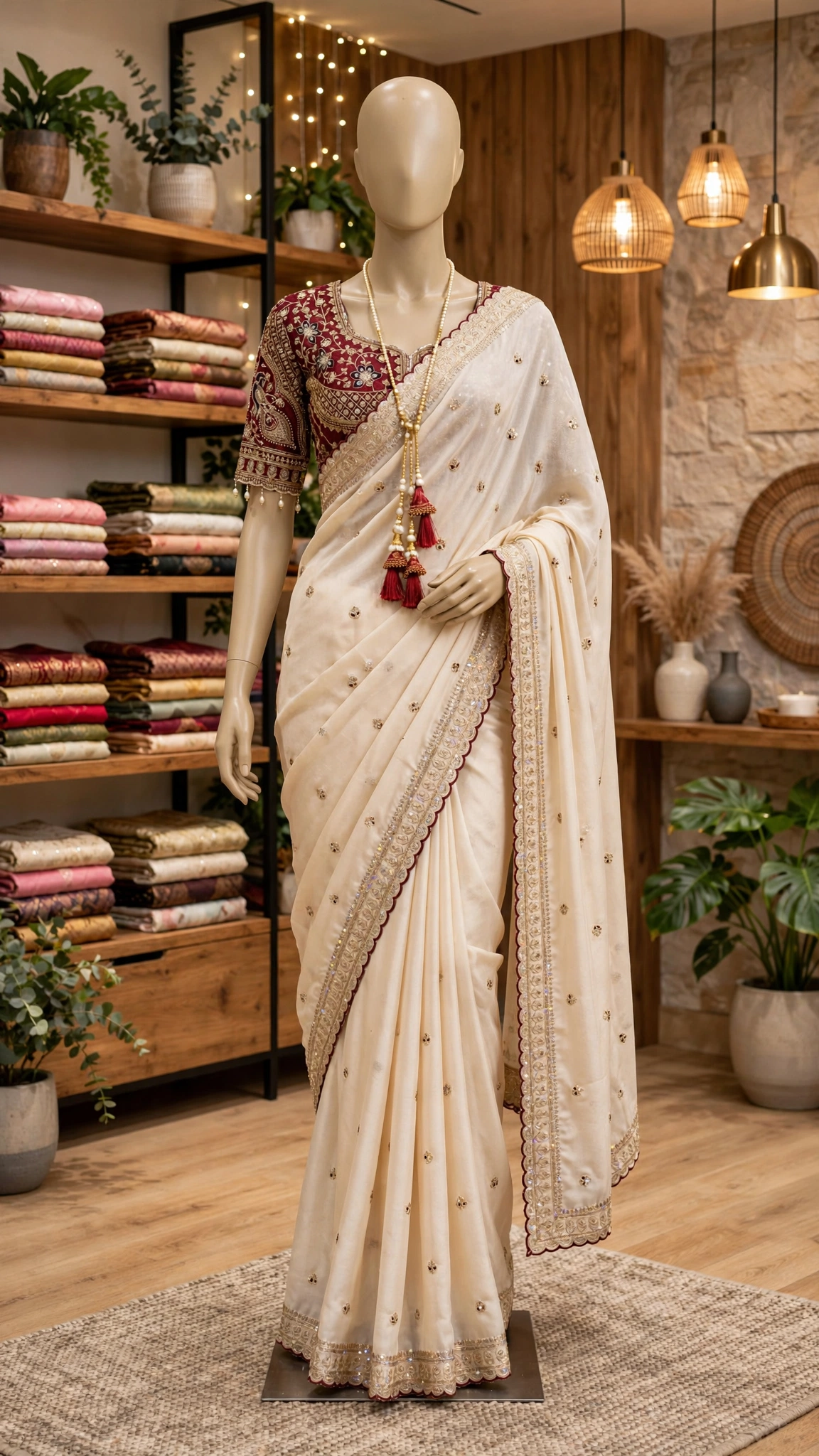 Opulent Ivory & Maroon Hand-Embellished Silk Saree Ensemble - Image 2