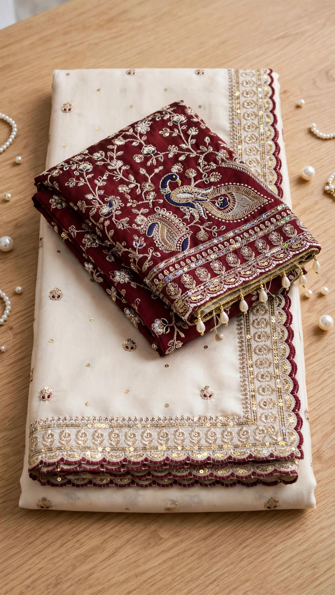Opulent Ivory & Maroon Hand-Embellished Silk Saree Ensemble - Image 3