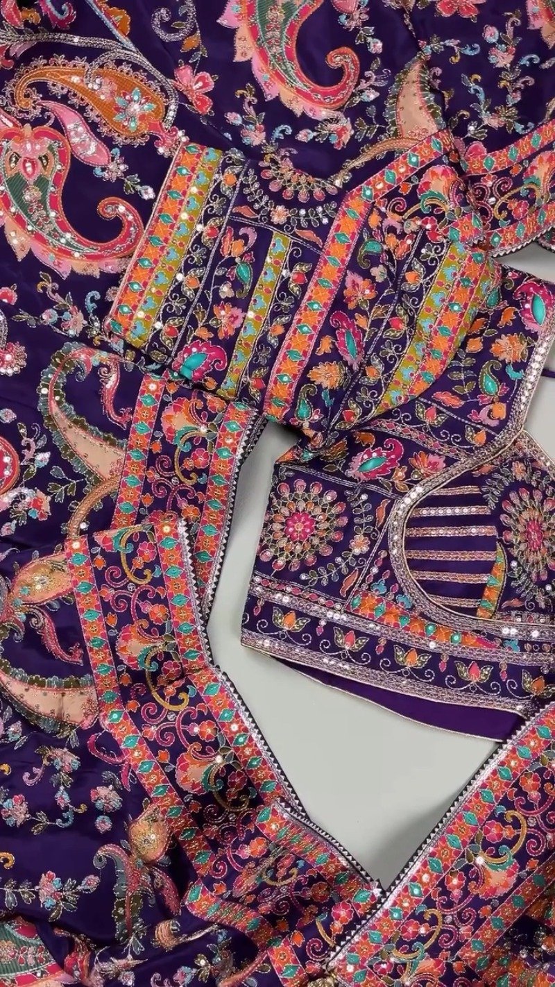 Royal Plum Embroidered Silk Lehenga Choli Set with Intricate Floral & Paisley Detailing
