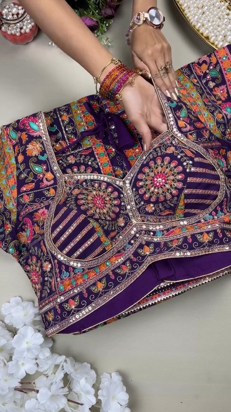 Royal Plum Embroidered Silk Lehenga Choli Set with Intricate Floral & Paisley Detailing - Image 2