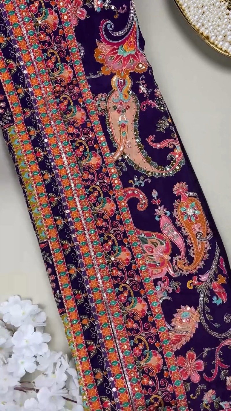 Royal Plum Embroidered Silk Lehenga Choli Set with Intricate Floral & Paisley Detailing - Image 3