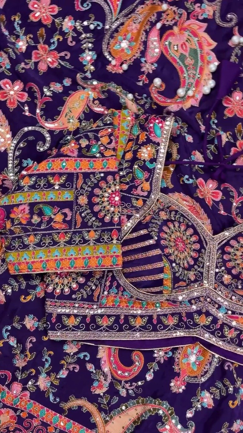 Royal Plum Embroidered Silk Lehenga Choli Set with Intricate Floral & Paisley Detailing - Image 6